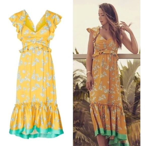 Three Floor Lemonana Dress Yellow Aqua Print Ruffle Flutter Sleeve Midi US 4 - Picture 1 of 16
